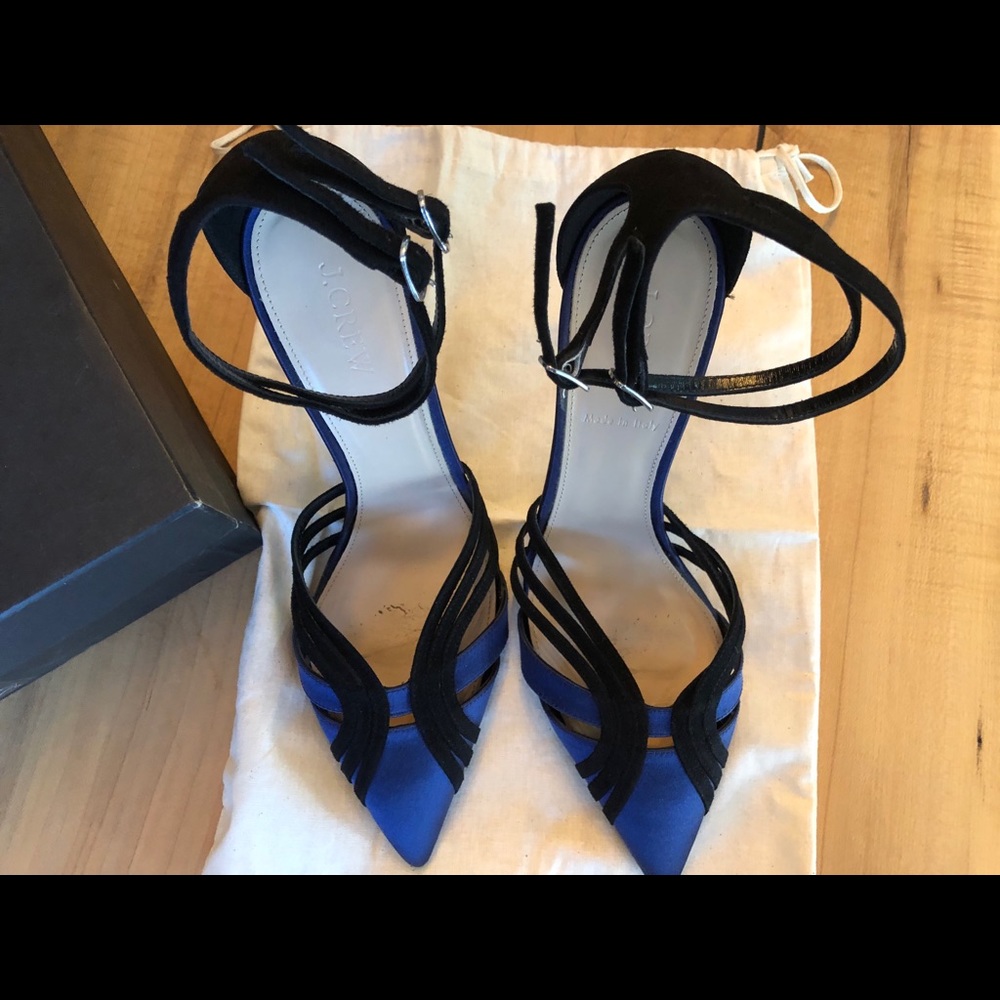 Leather and Suede ankle strap heels in deep navy
